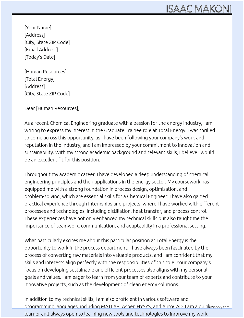 chemical engineer At Total energy Cover Letter