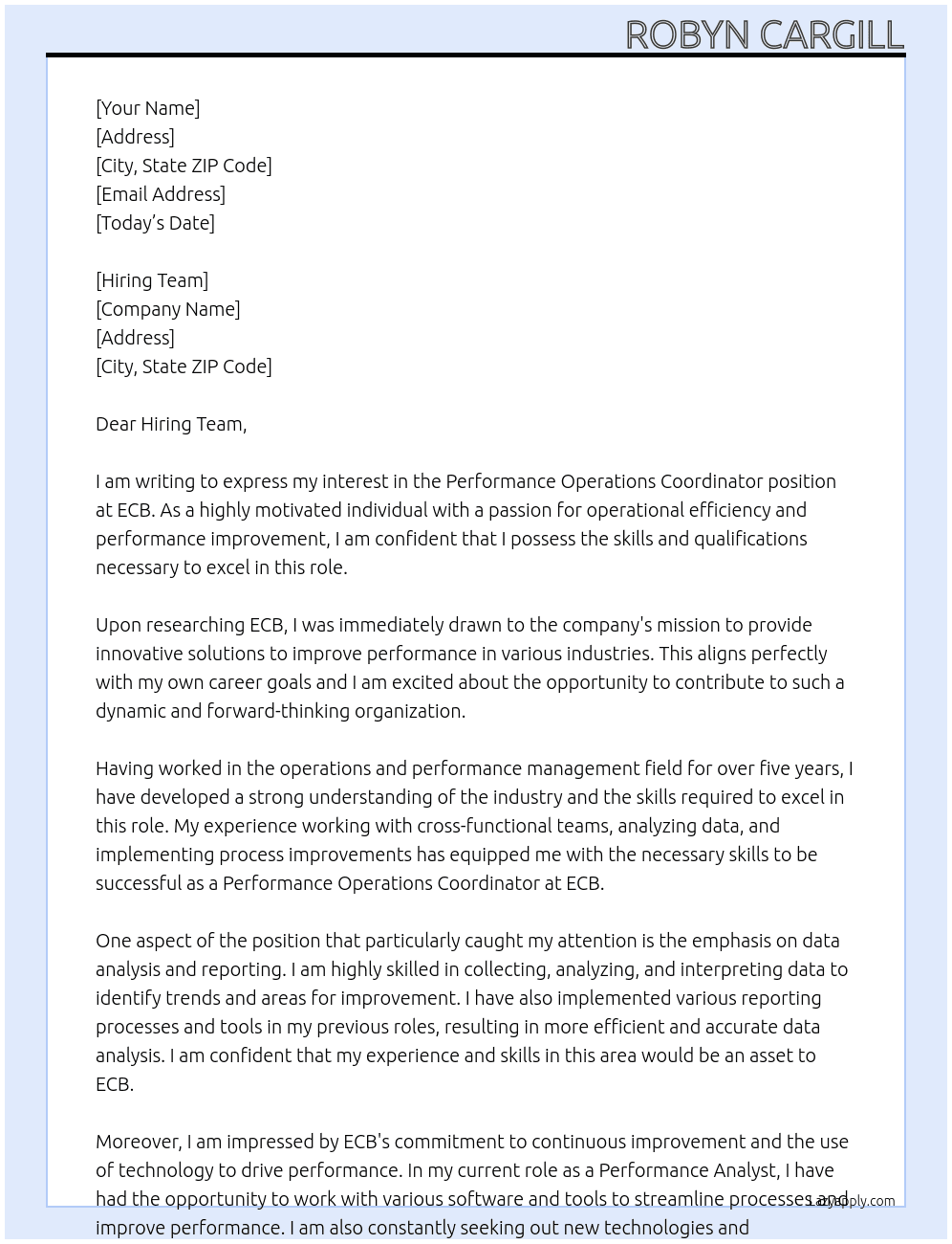 Performance Operations Coordinator At ECB Cover Letter