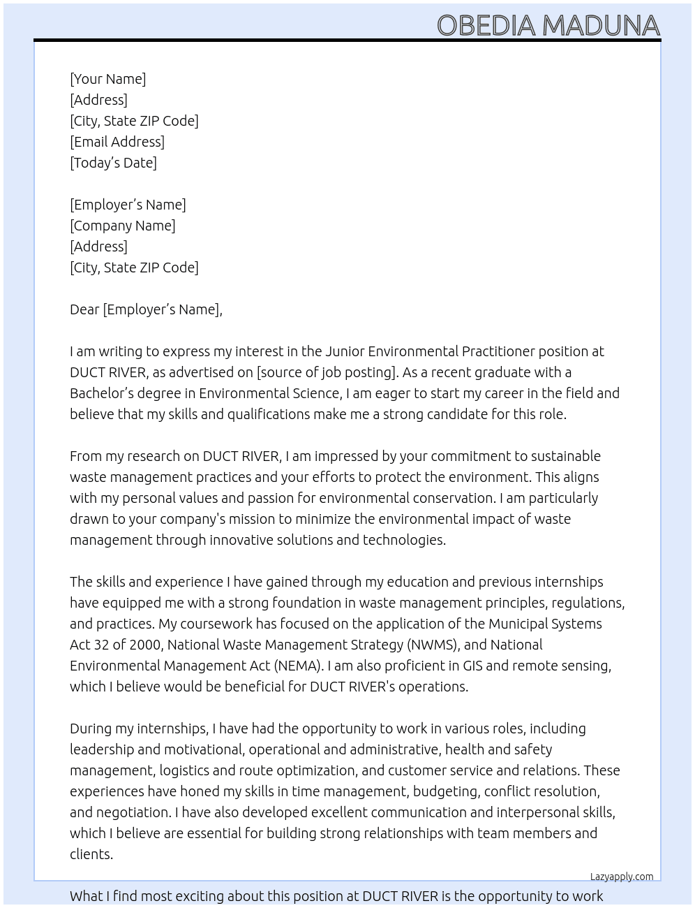 Cover letter for junior environmental practitioner - LazyApply