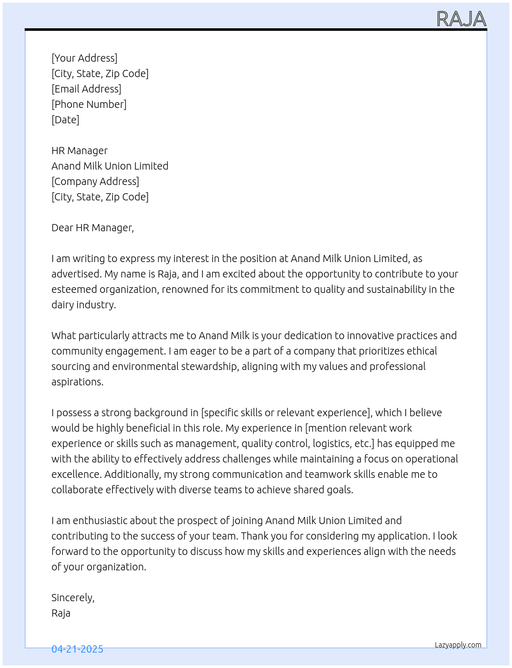 Anand Milk At Anand Milk Union Limited Cover Letter