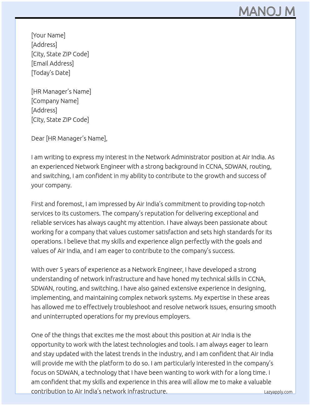 Network Administrator  At Air India  Cover Letter
