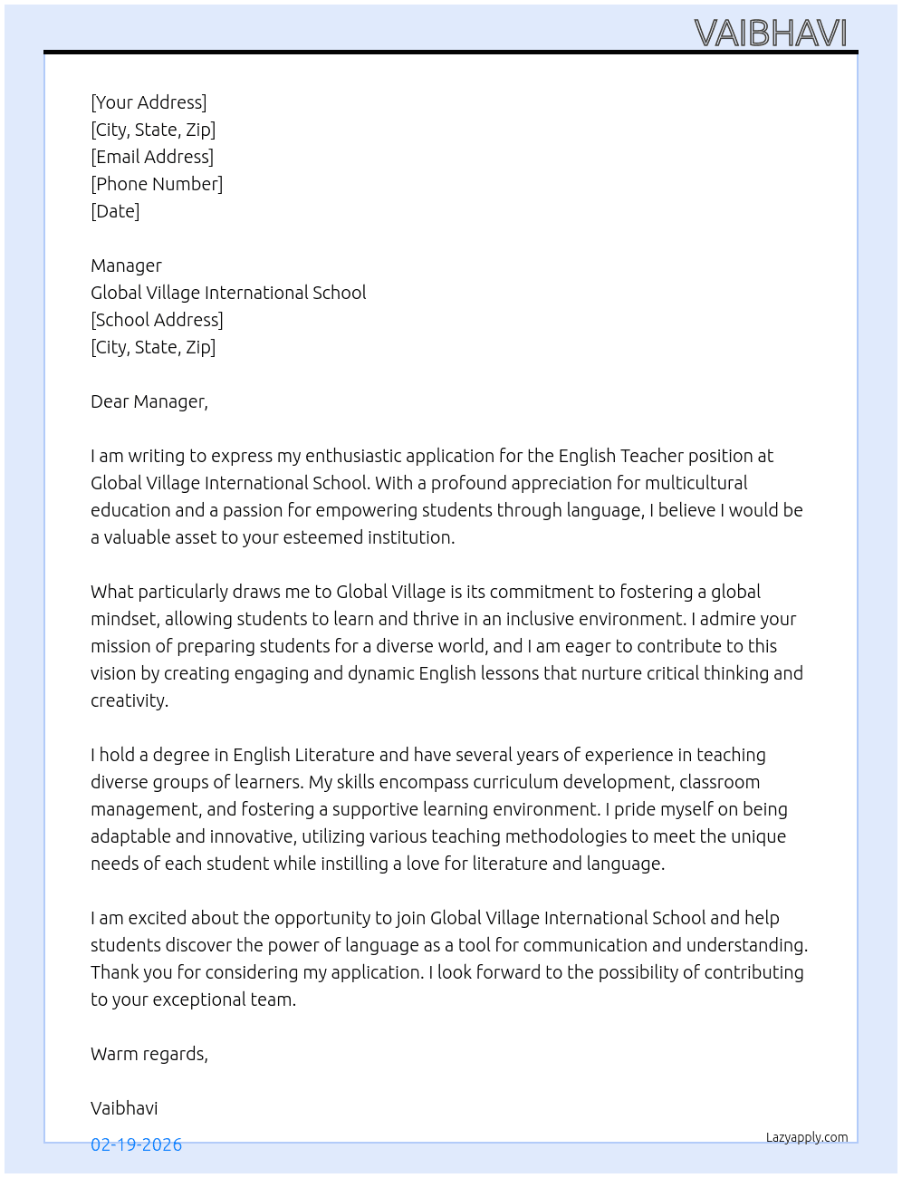 english teacher At Global village international school Cover Letter