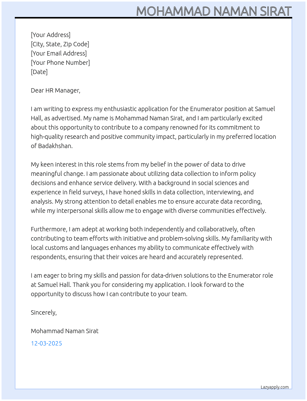 Enumerator At Samuel Hall Cover Letter
