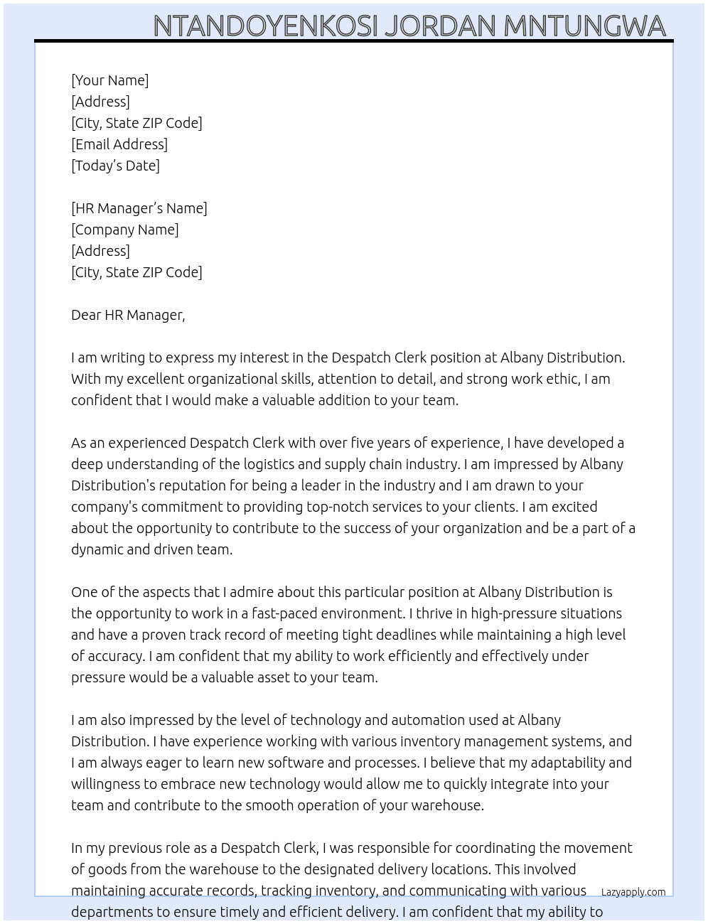 Despatch clerk  At Albany distribution  Cover Letter