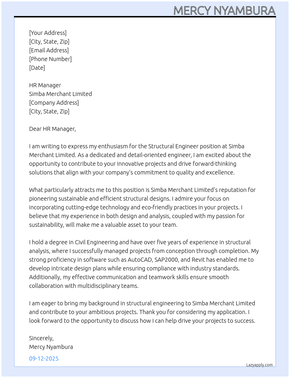 Structural engineer  At Simba merchant limited  Cover Letter