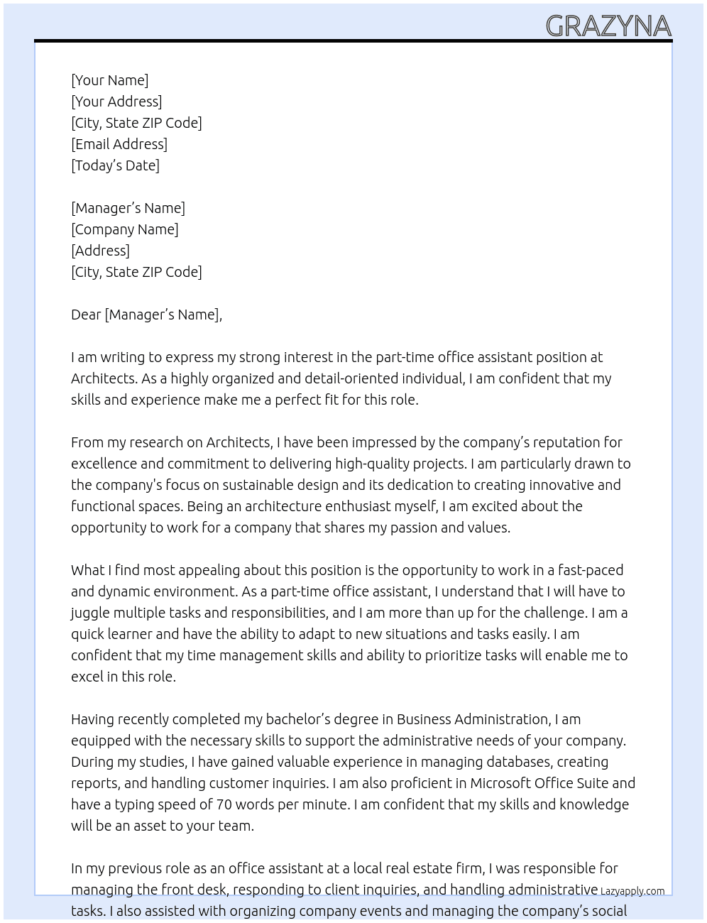 part time ofice assistant At Architects  Cover Letter