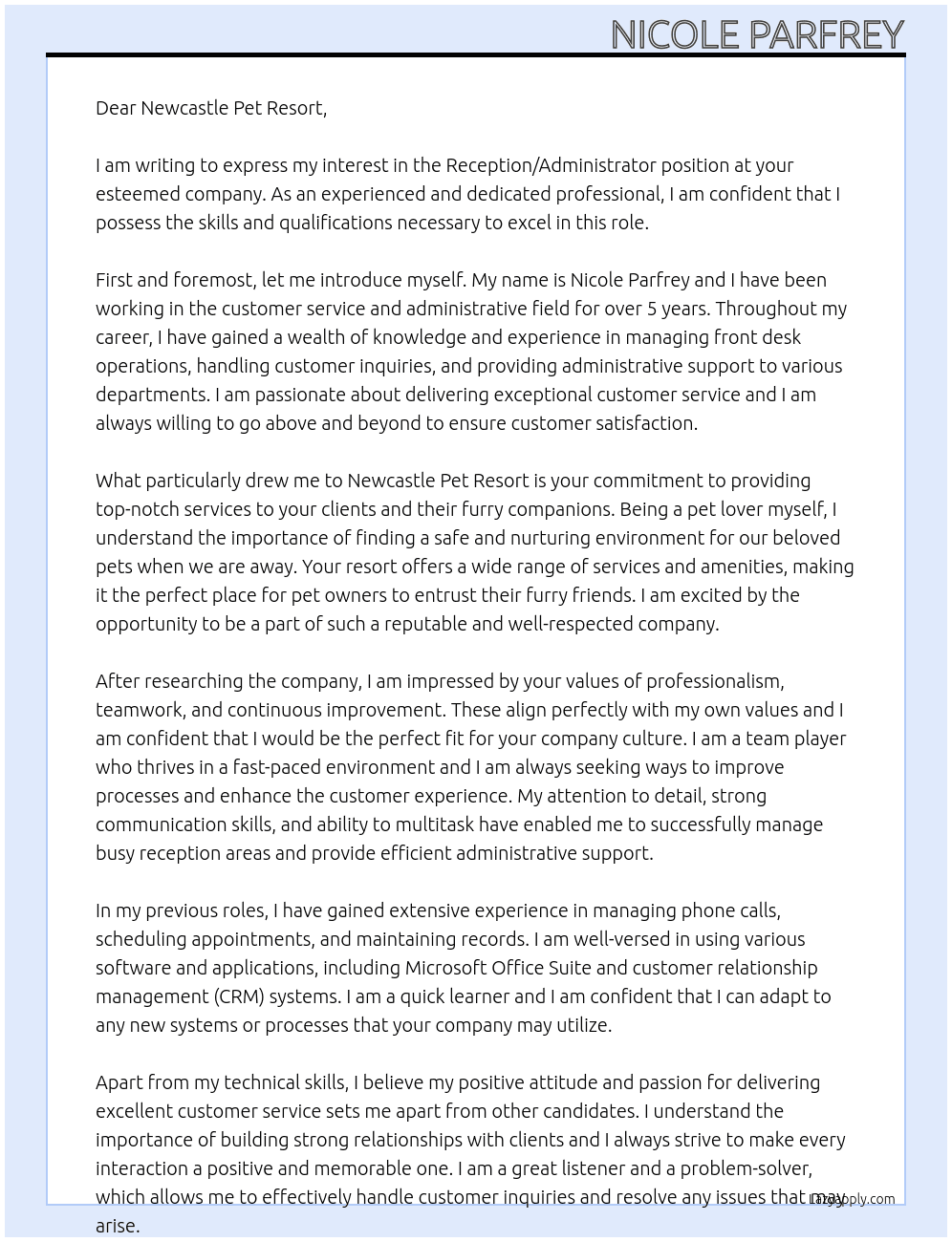 Reception / Administrator At Newcastle Pet Resort Cover Letter