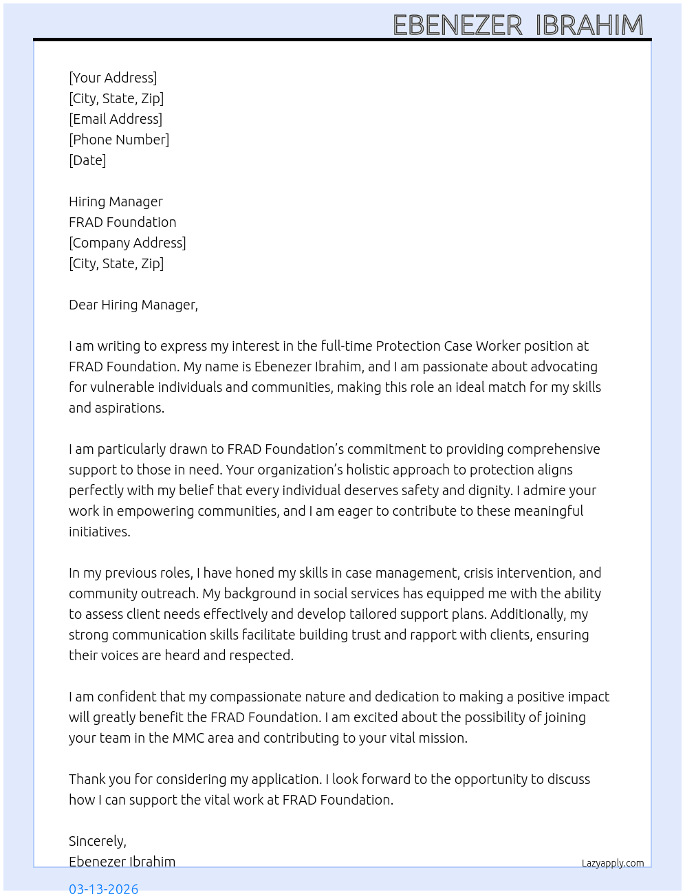 Protection Case Worker  At FRAD Foundation  Cover Letter