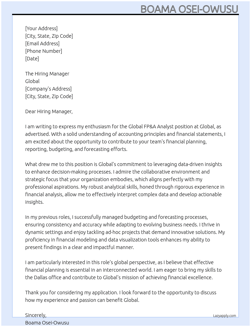 Cover letter for global fp&a analyst - LazyApply