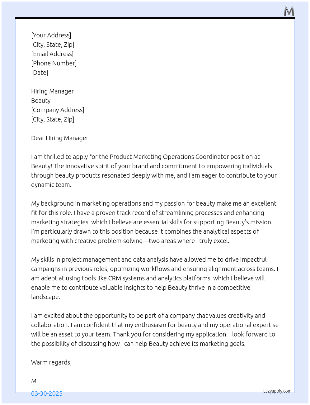 Product Marketing Operations Coordinator  At Beauty Cover Letter