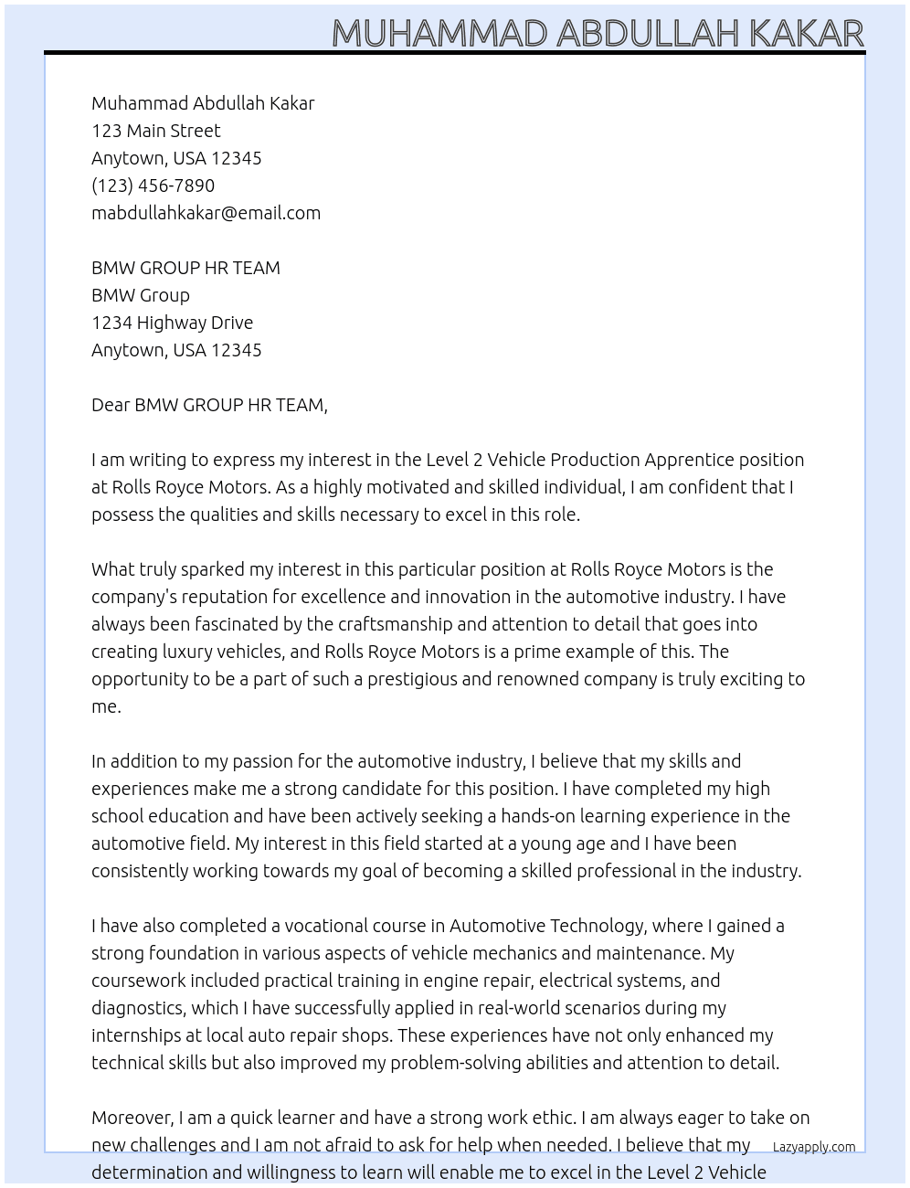 Cover letter for level 2 vehicle production apprentice - LazyApply