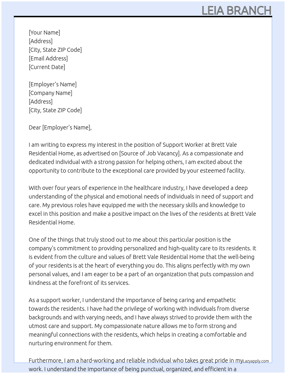 Support Worker At Brett Vale Residential Home  Cover Letter