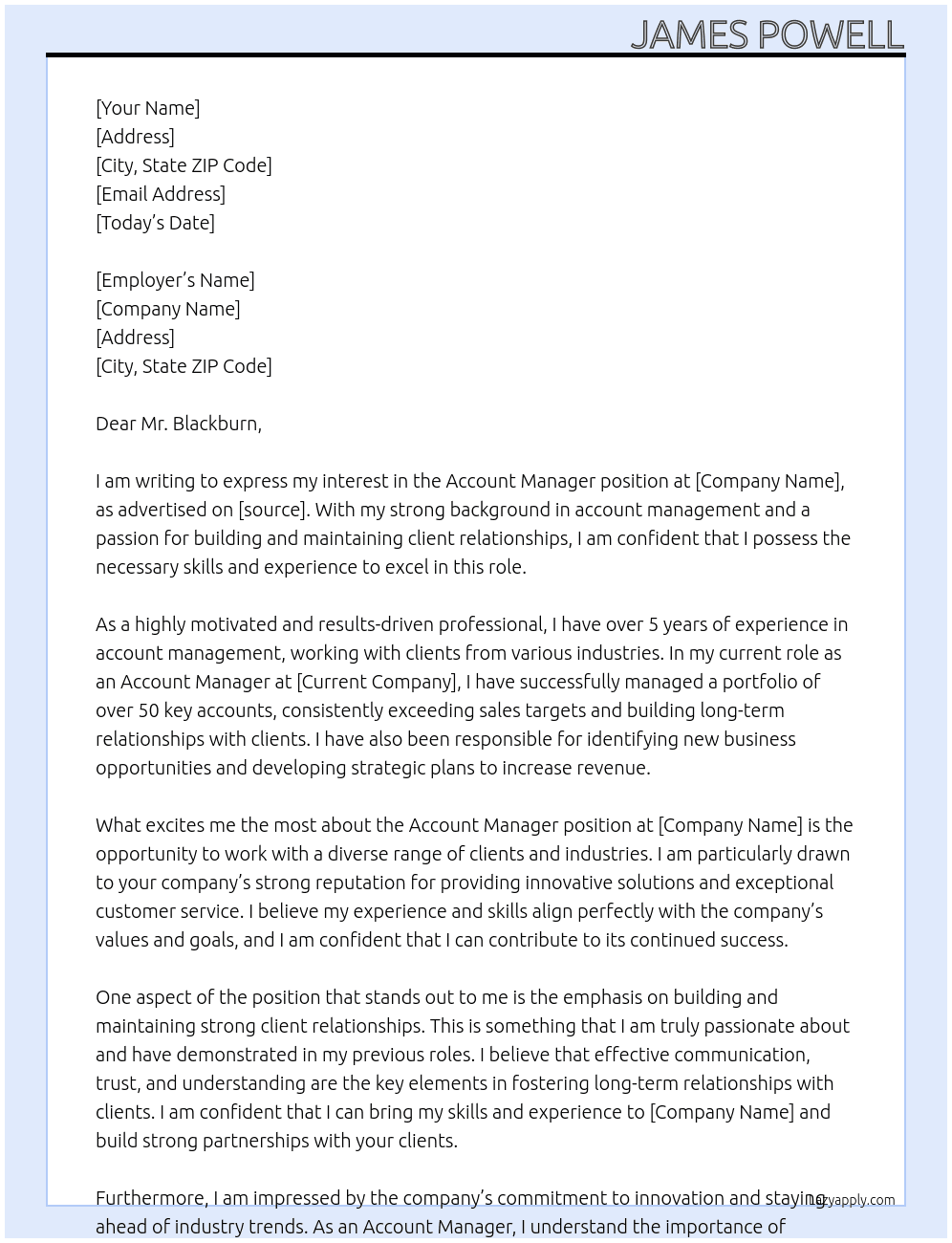 Account Manager At James Powell Cover Letter