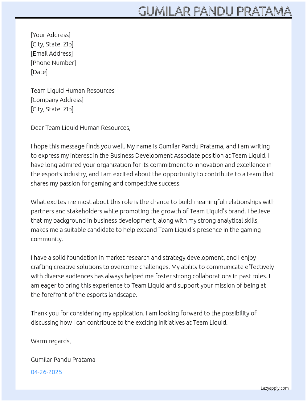Business Development Associate At Team Liquid Cover Letter