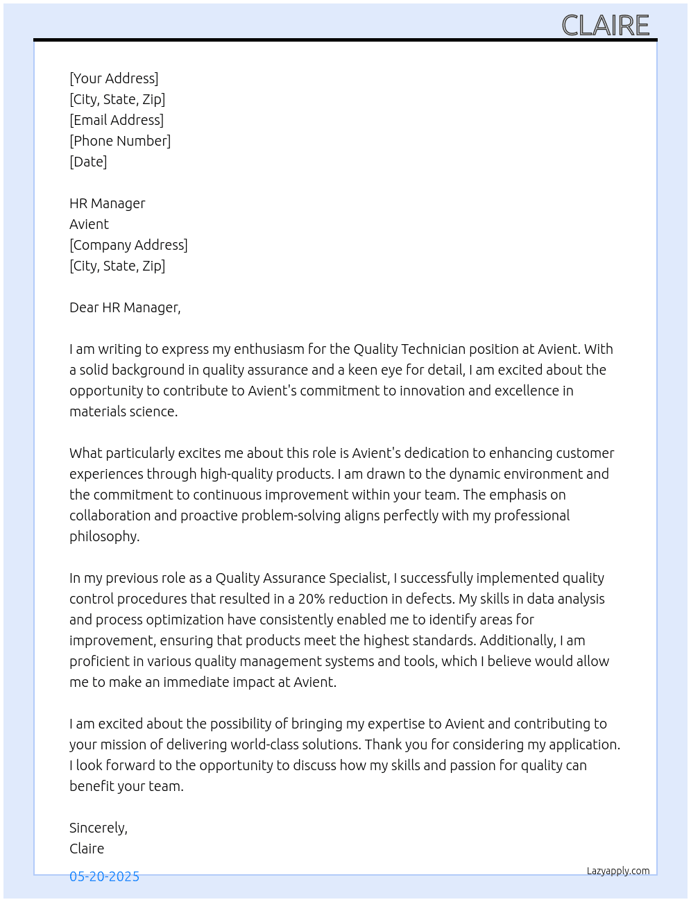 quality Technician At Avient Cover Letter
