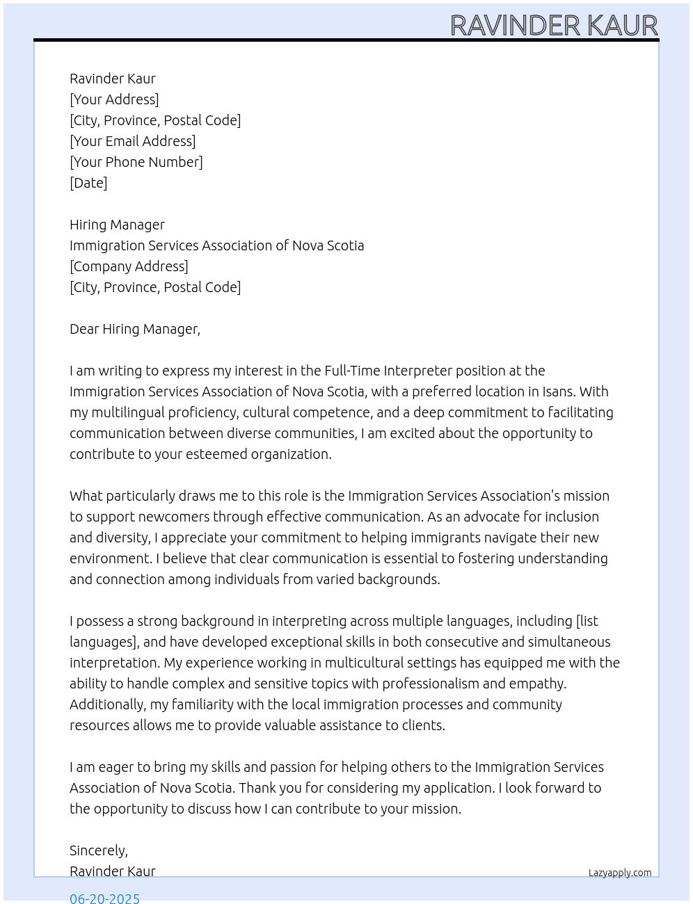 Interpreter  At Immigration services association of Nova Scotia  Cover Letter