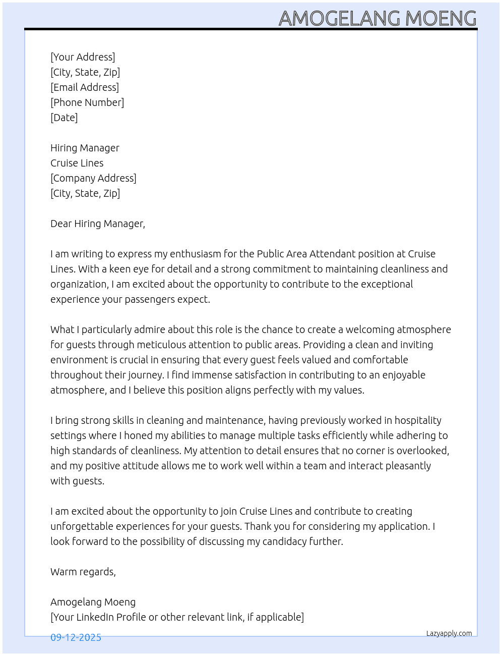 Public Area Attendant  At Cruise lines  Cover Letter