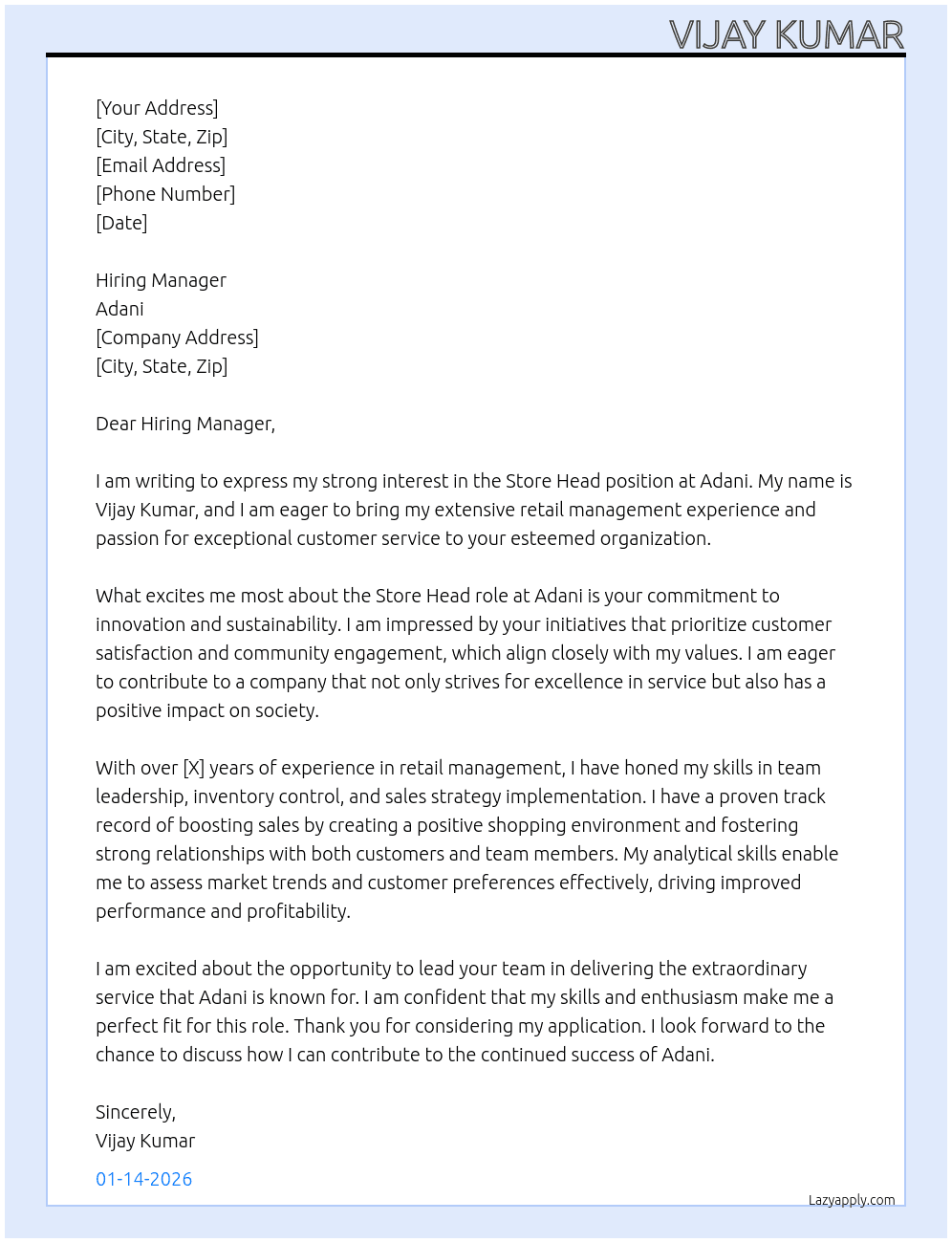 Store Head At Adani Cover Letter