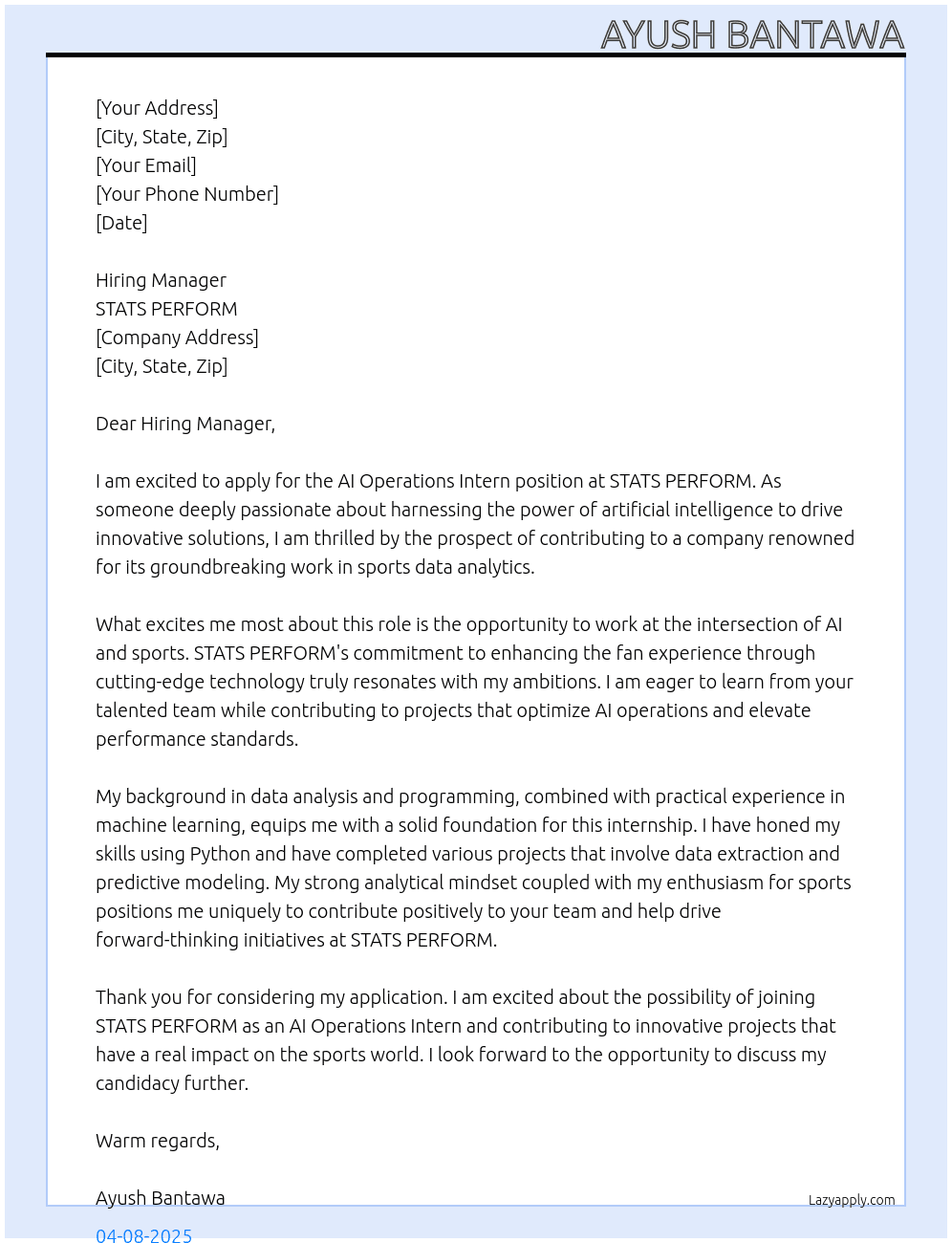 AI Operations Intern At STATS PERFORM Cover Letter