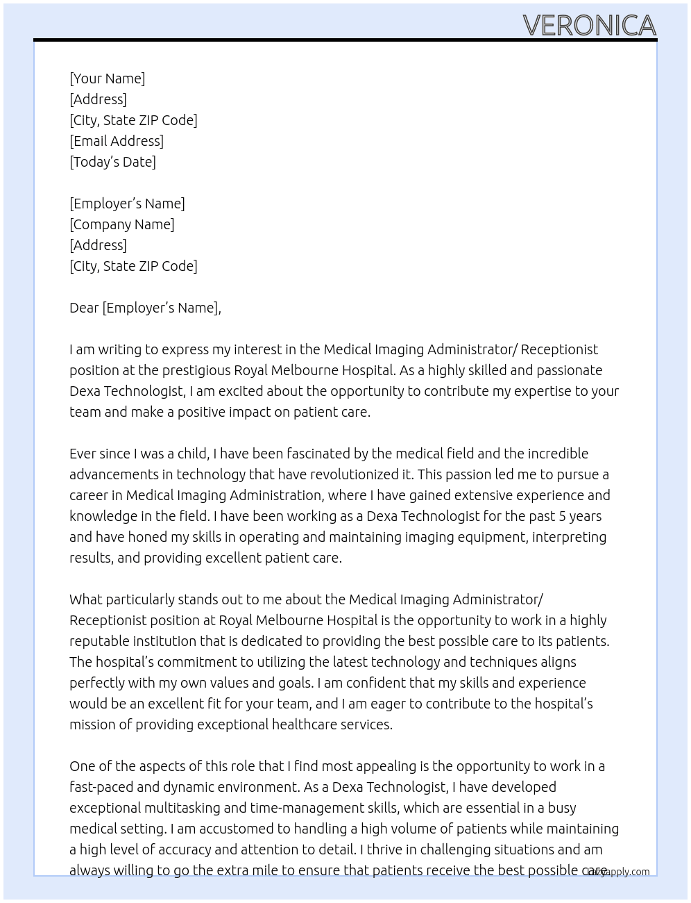 Medical Imaging Administrator/ Receptionist At Royal Melbourne hospital Cover Letter