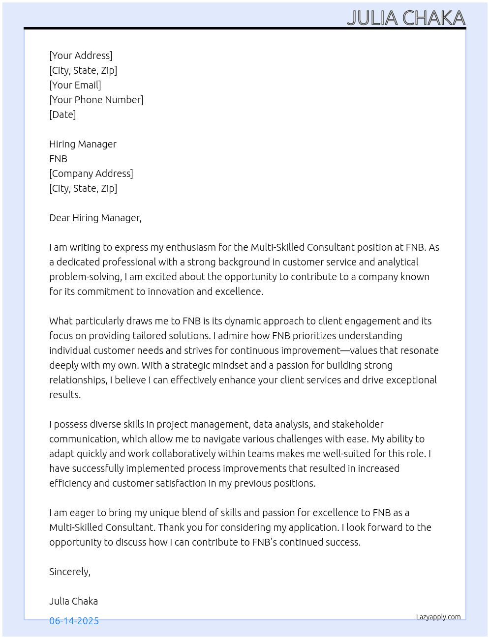 Multi skilled consultant  At FNB Cover Letter