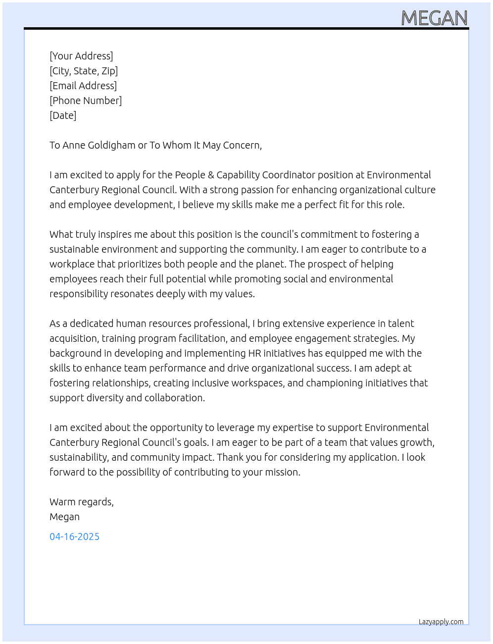 People & Capability Coodiator At Environmental Canterbury Regional Counck Cover Letter