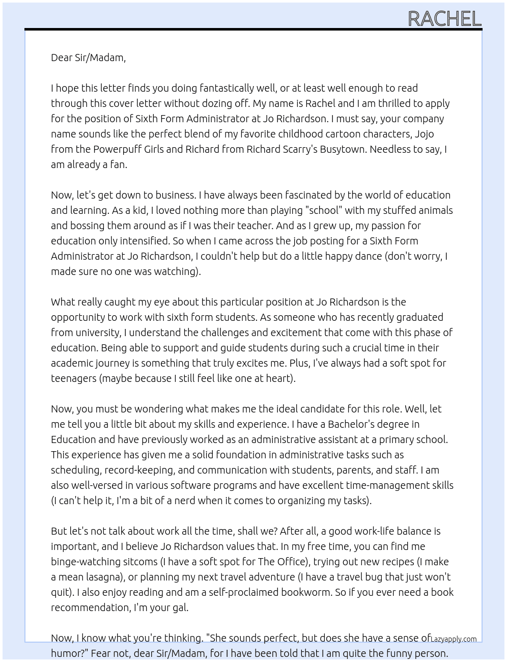 sixth form administrator At Jo Richardson Cover Letter