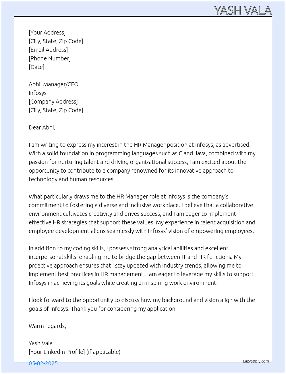 Cover letter for hr manger - LazyApply