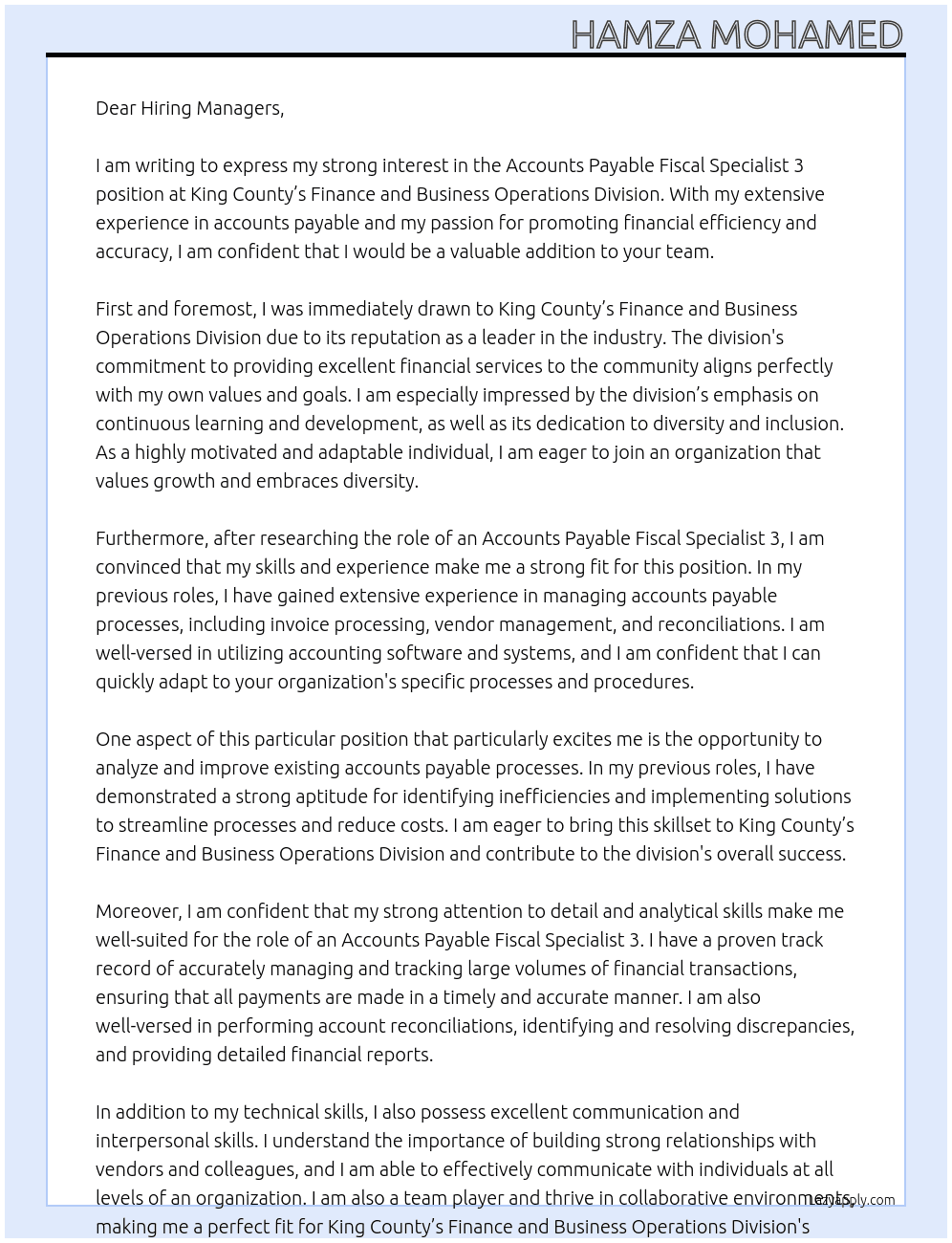 Cover letter for accounts payable fiscal specialist 3 - LazyApply