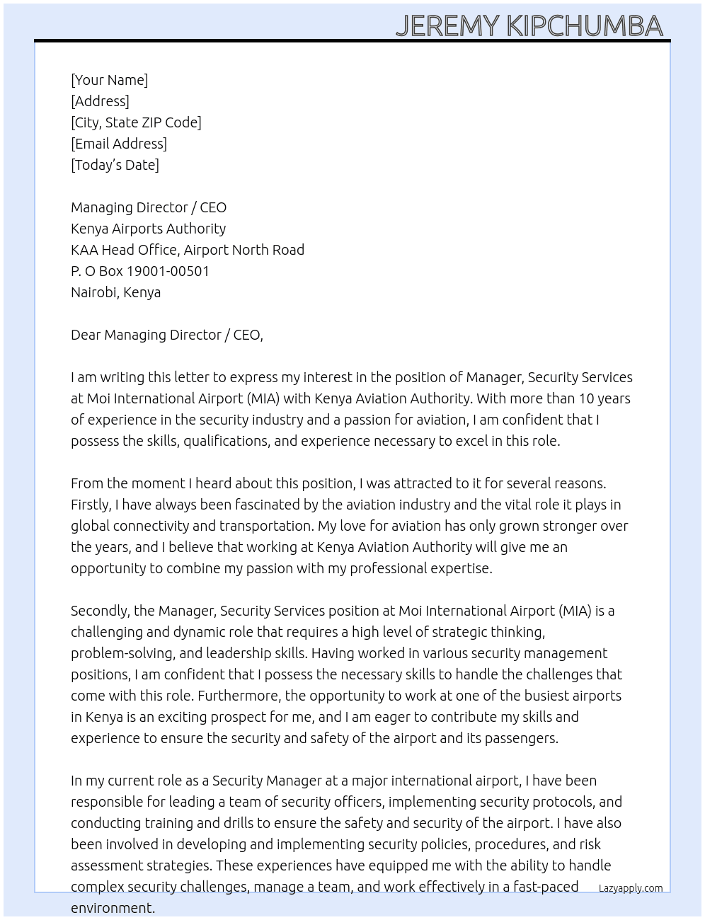 MANAGER, SECURITY SERVICES – MOI INTERNATIONAL AIRPORT (MIA)(JOB GRADE S7)REF: SS/MSS/ FEBRUARY 2025 At Kenya aviation authority  Cover Letter