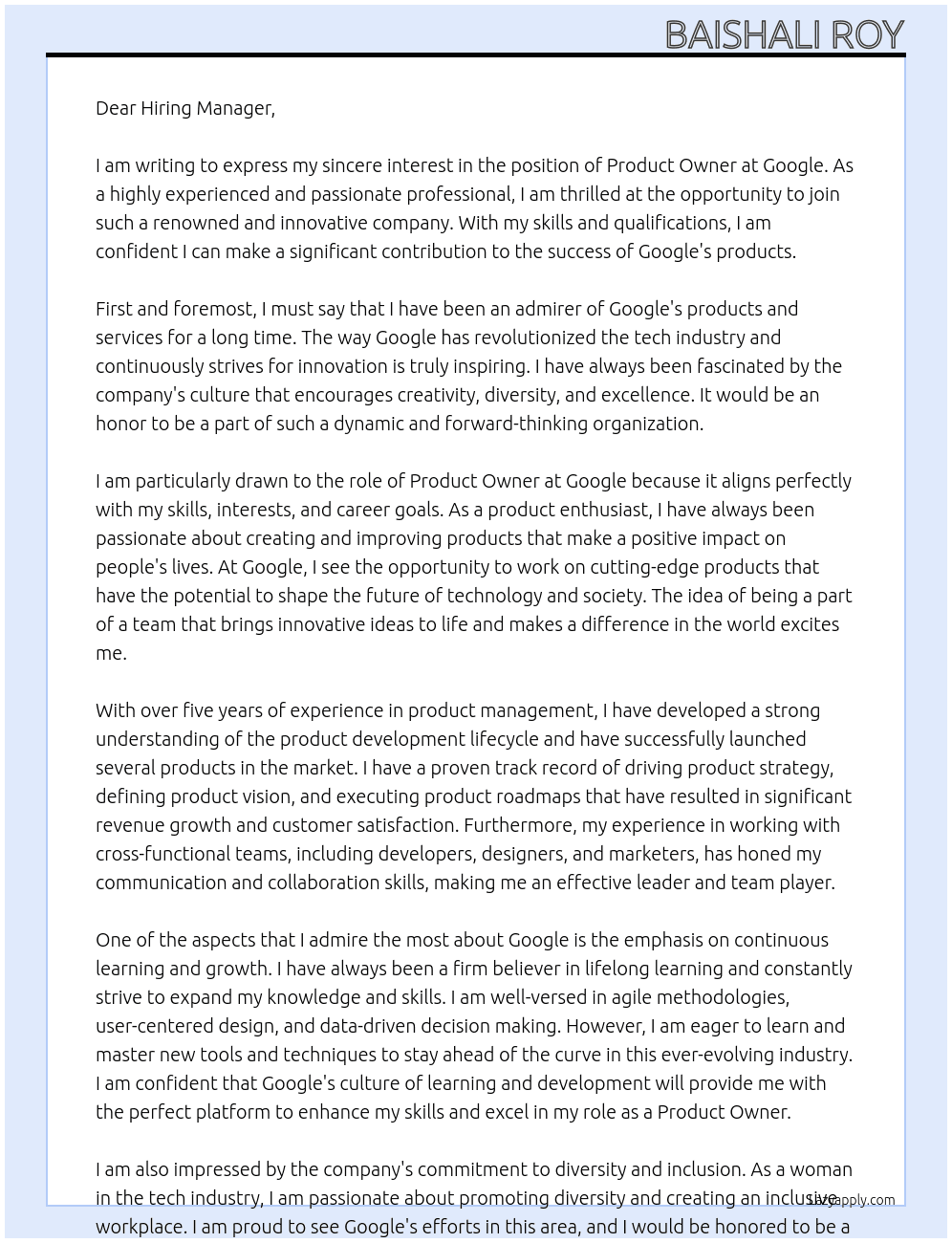 Product Owner At Google Cover Letter