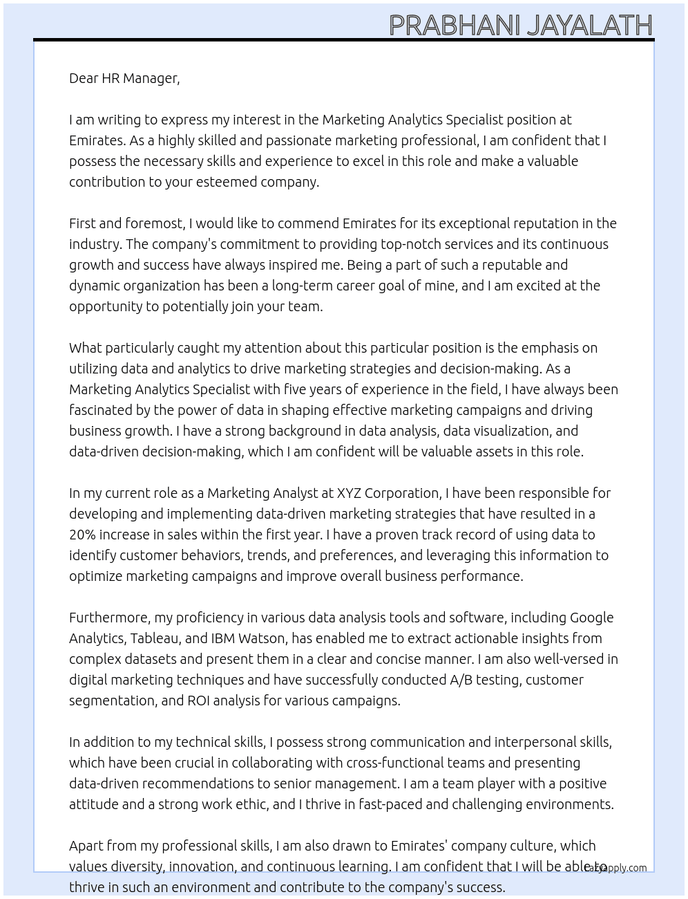 Cover letter for marketing analytics specialist - LazyApply