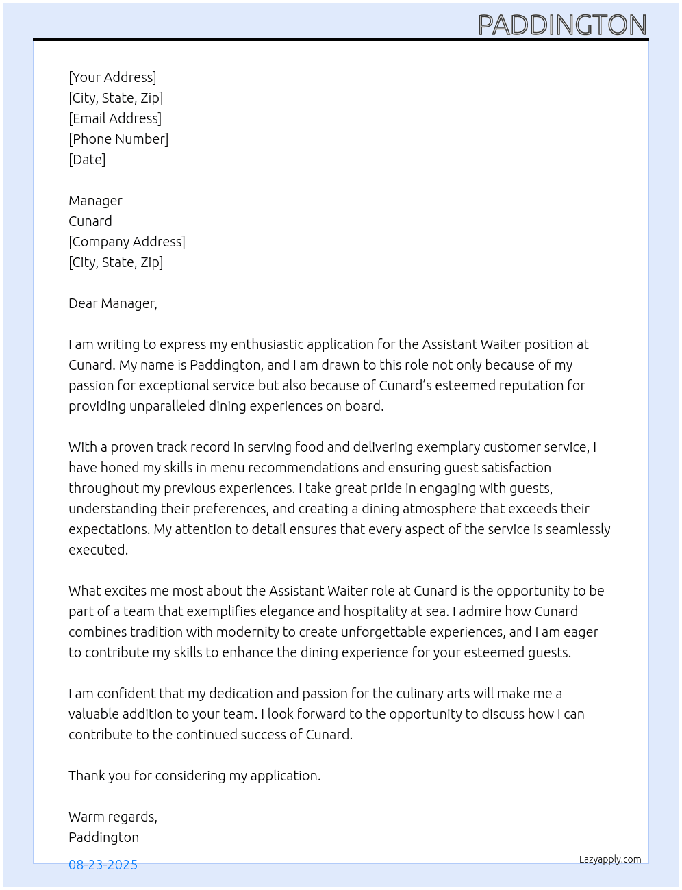 Assistant waiter At Cunard Cover Letter