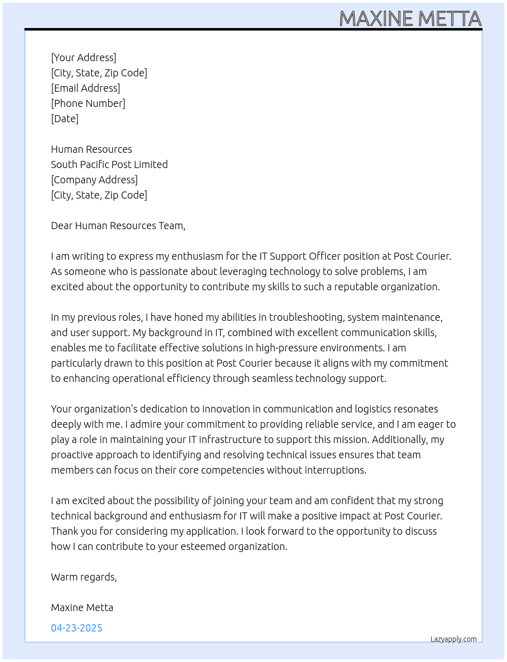 IT Support Officer At Post Courier Cover Letter