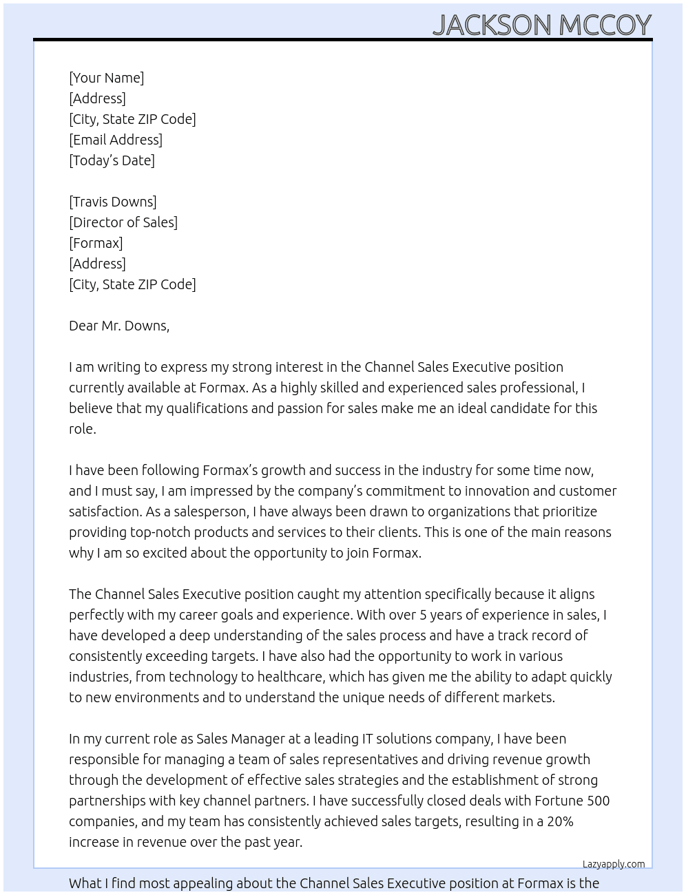 Channel Sales Executive At Formax Cover Letter