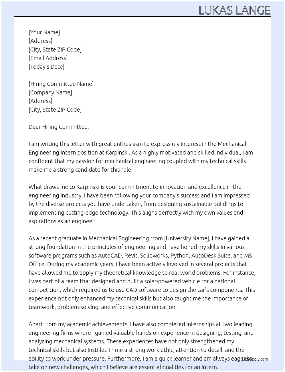 Mechanical Engineering Intern At Karpinski Cover Letter