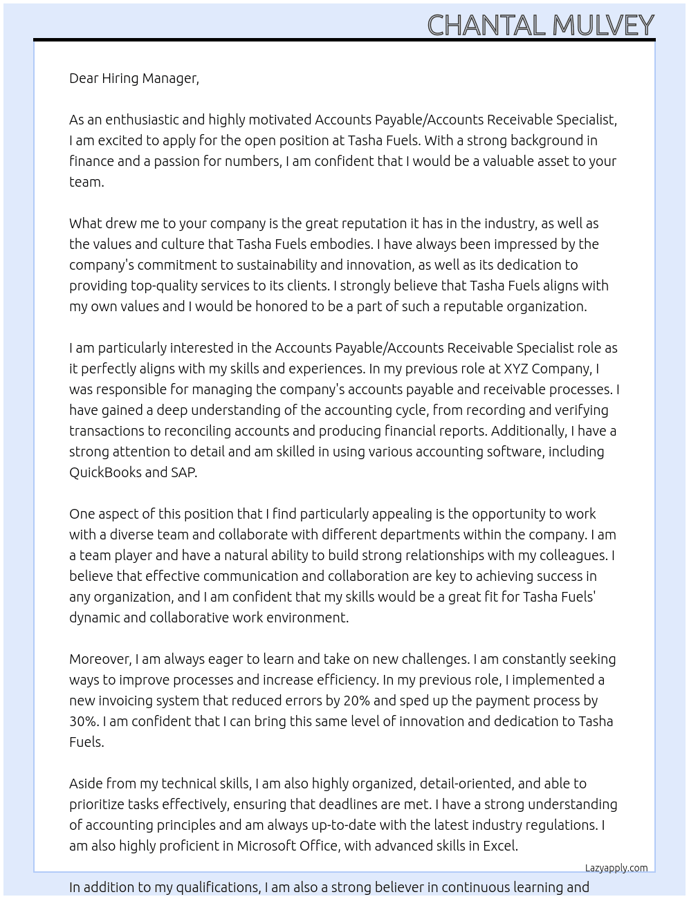 Accounts payable/ accounts receivable specialist At Tasha Fuels Cover Letter