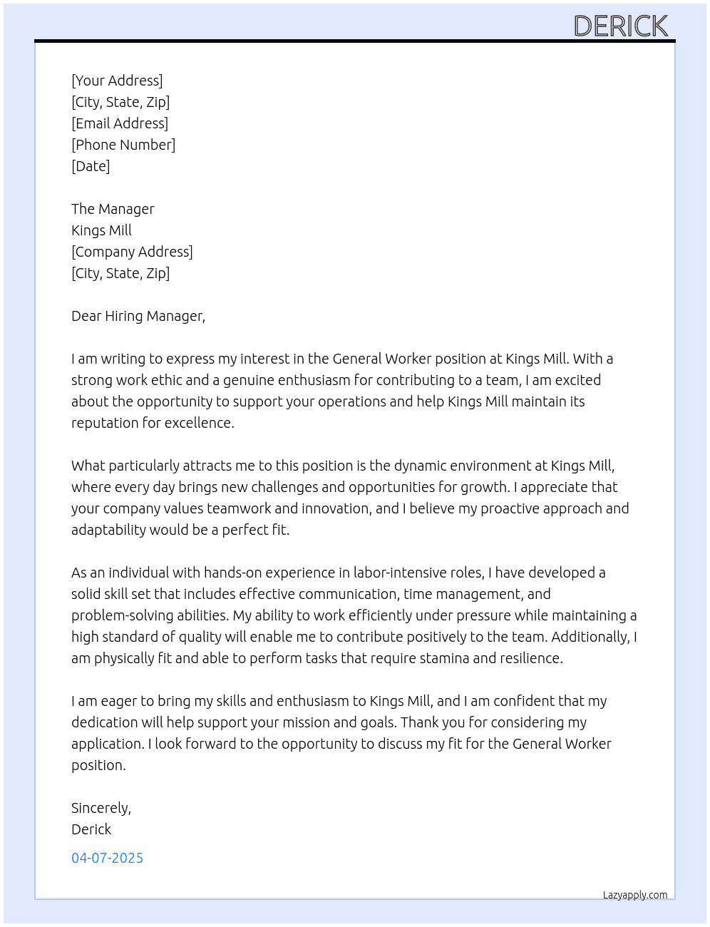 General worker At Kings mill Cover Letter