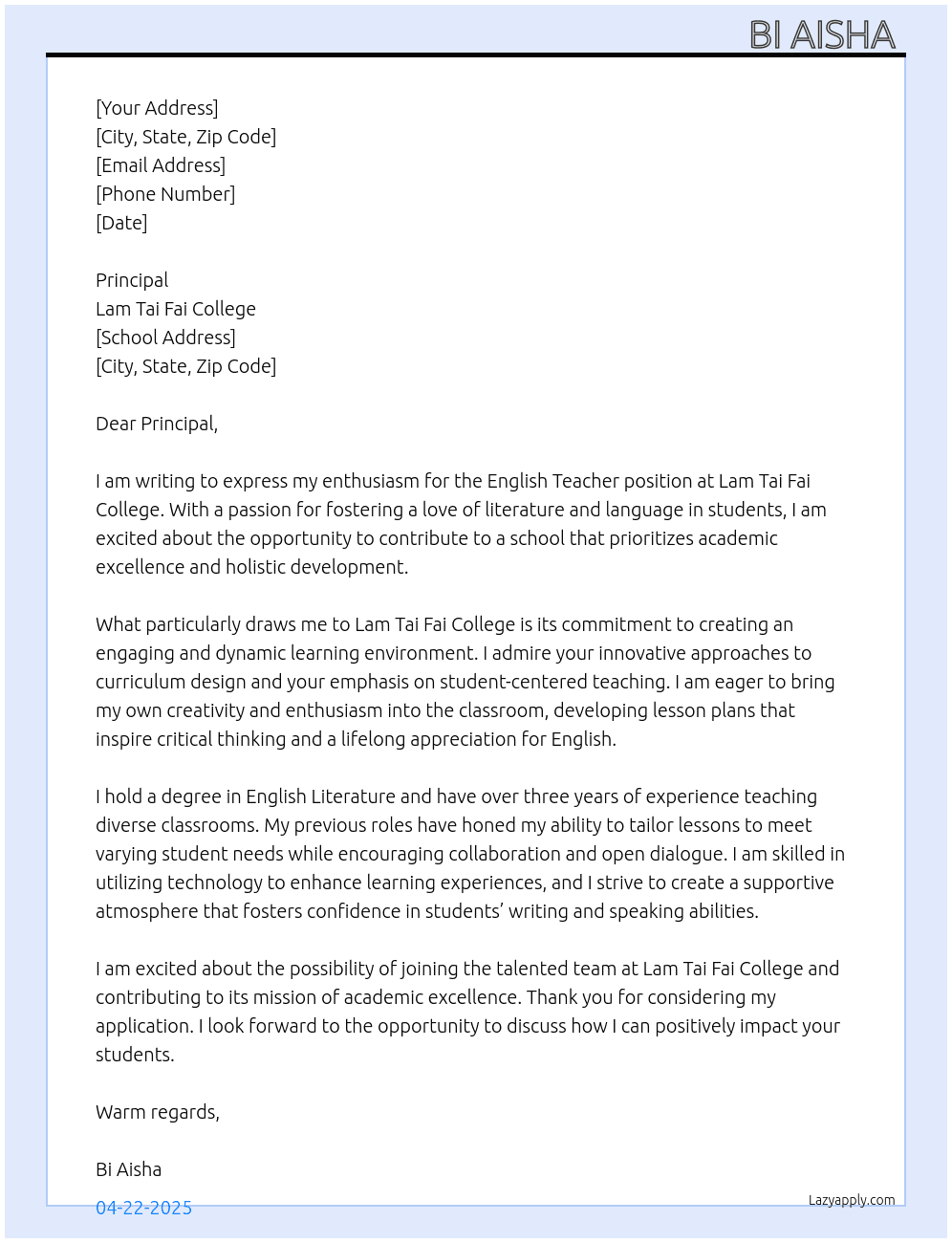 English teacher  At Lam Tai Fai College Cover Letter