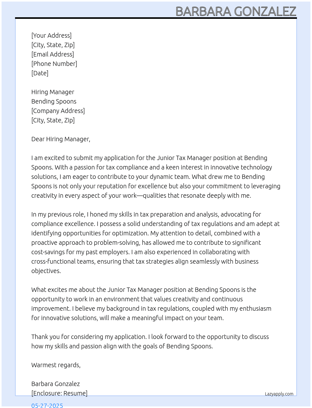 Cover letter for junior tax manager - LazyApply