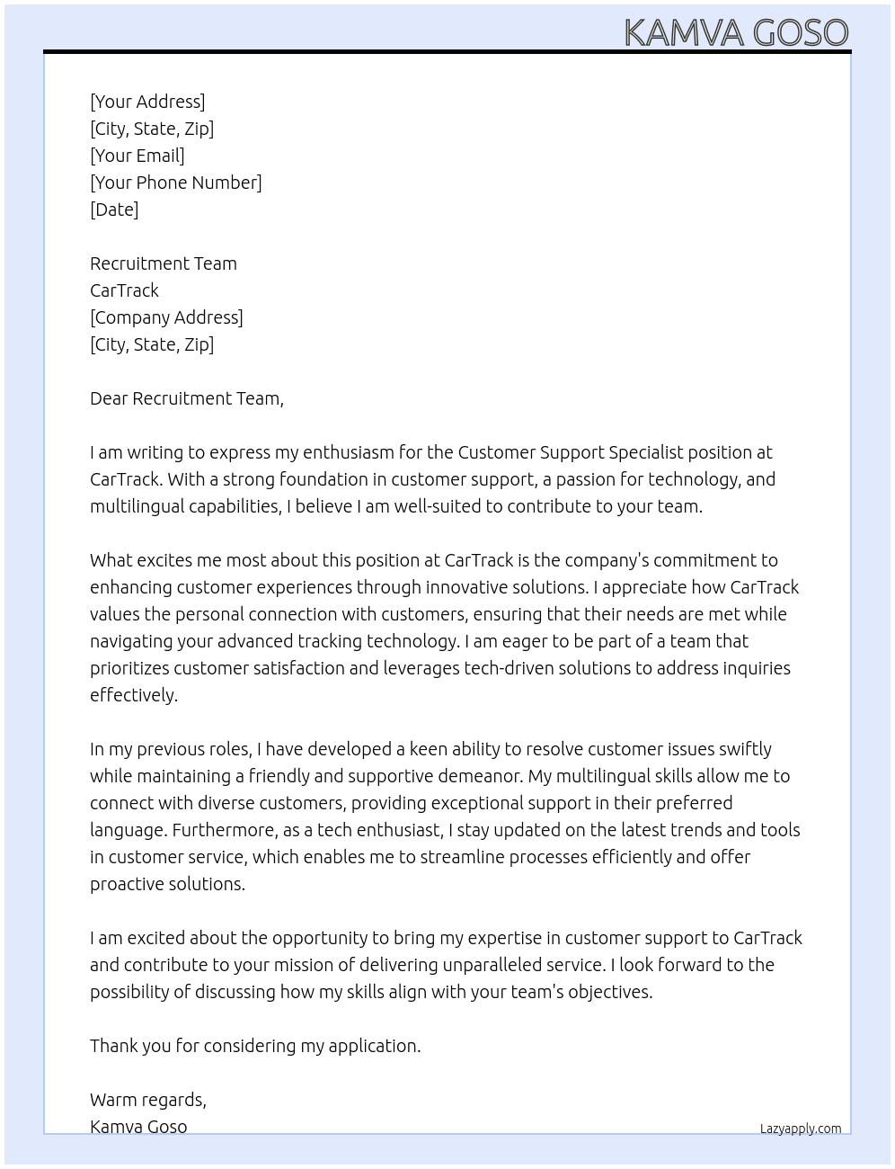 Customer Support Specialist  At CarTrack Cover Letter