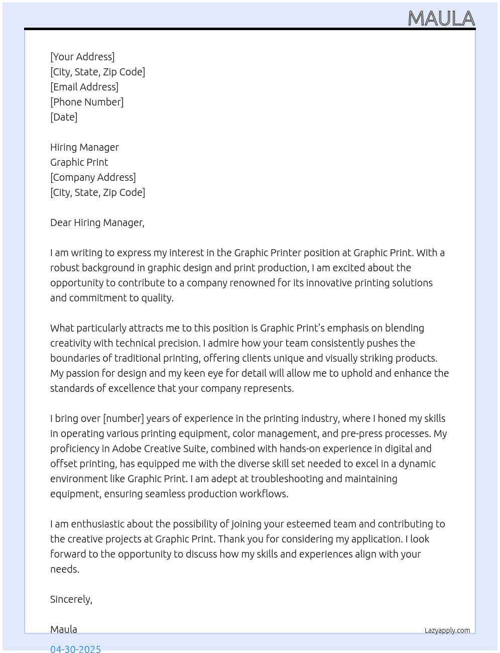 Cover letter for graphic printer - LazyApply