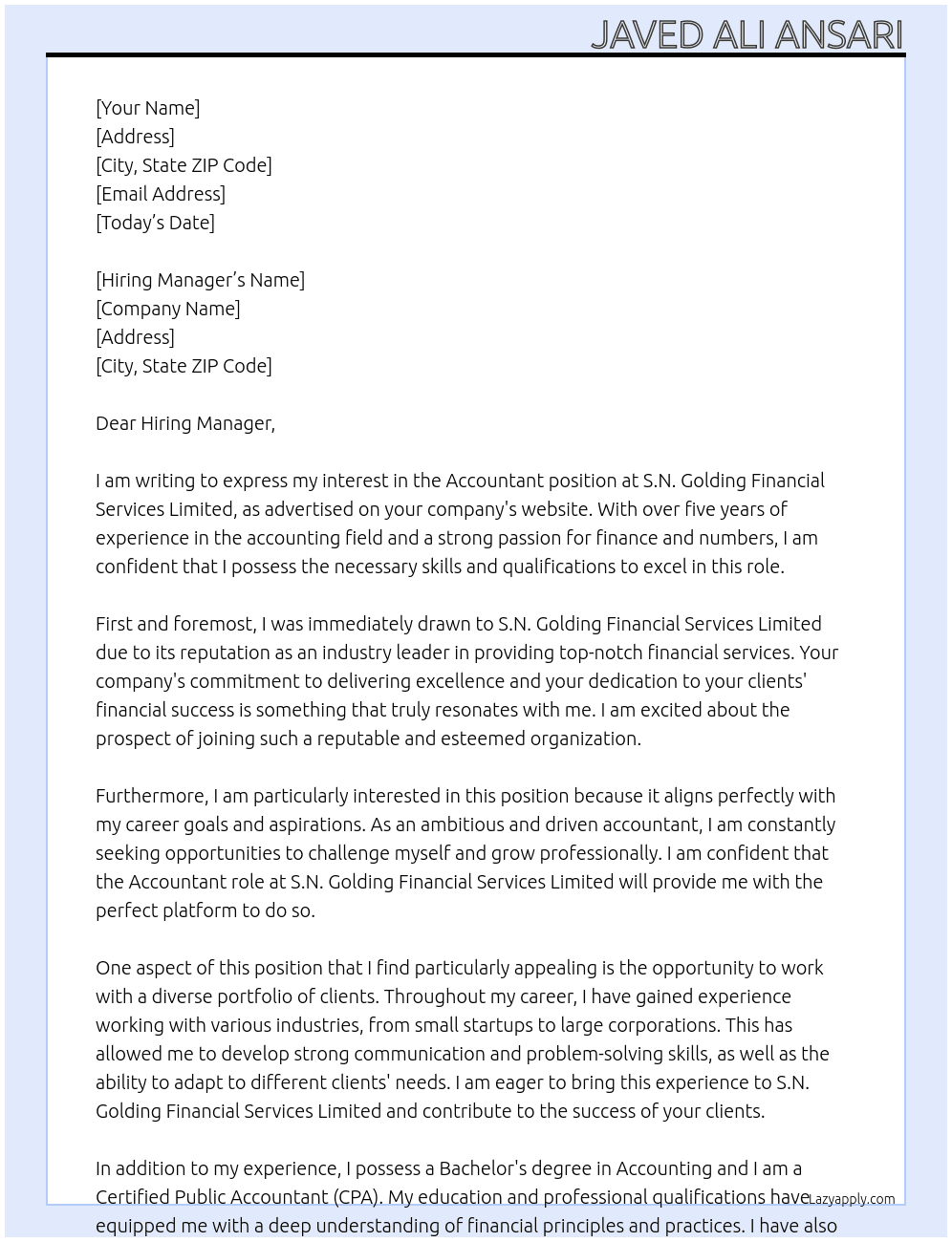 Accountant At S.N. Golding Financial Services Limited Cover Letter
