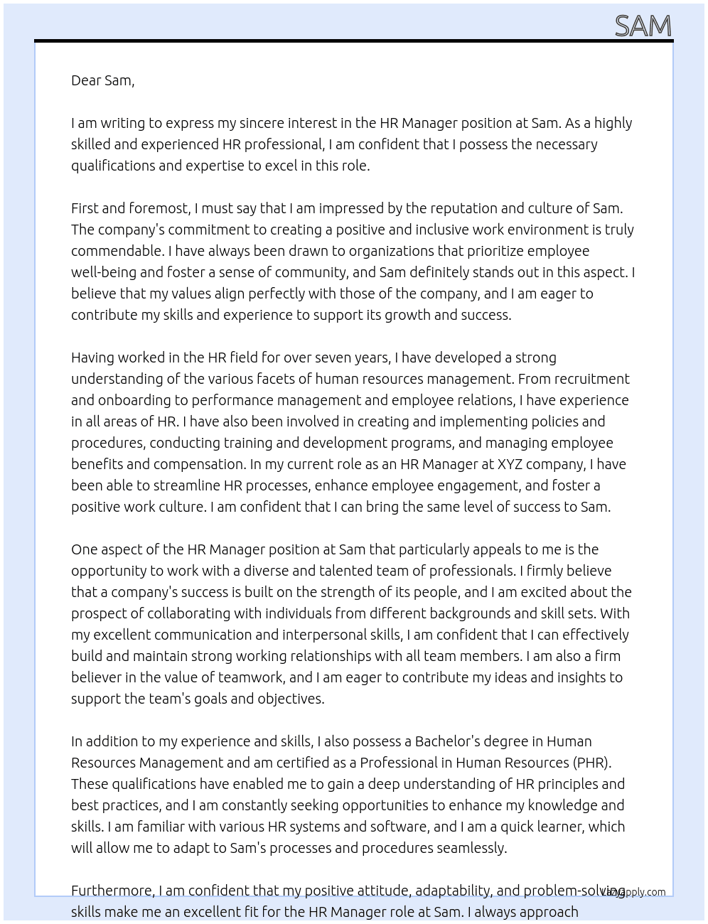 HR Manager At Sam Cover Letter