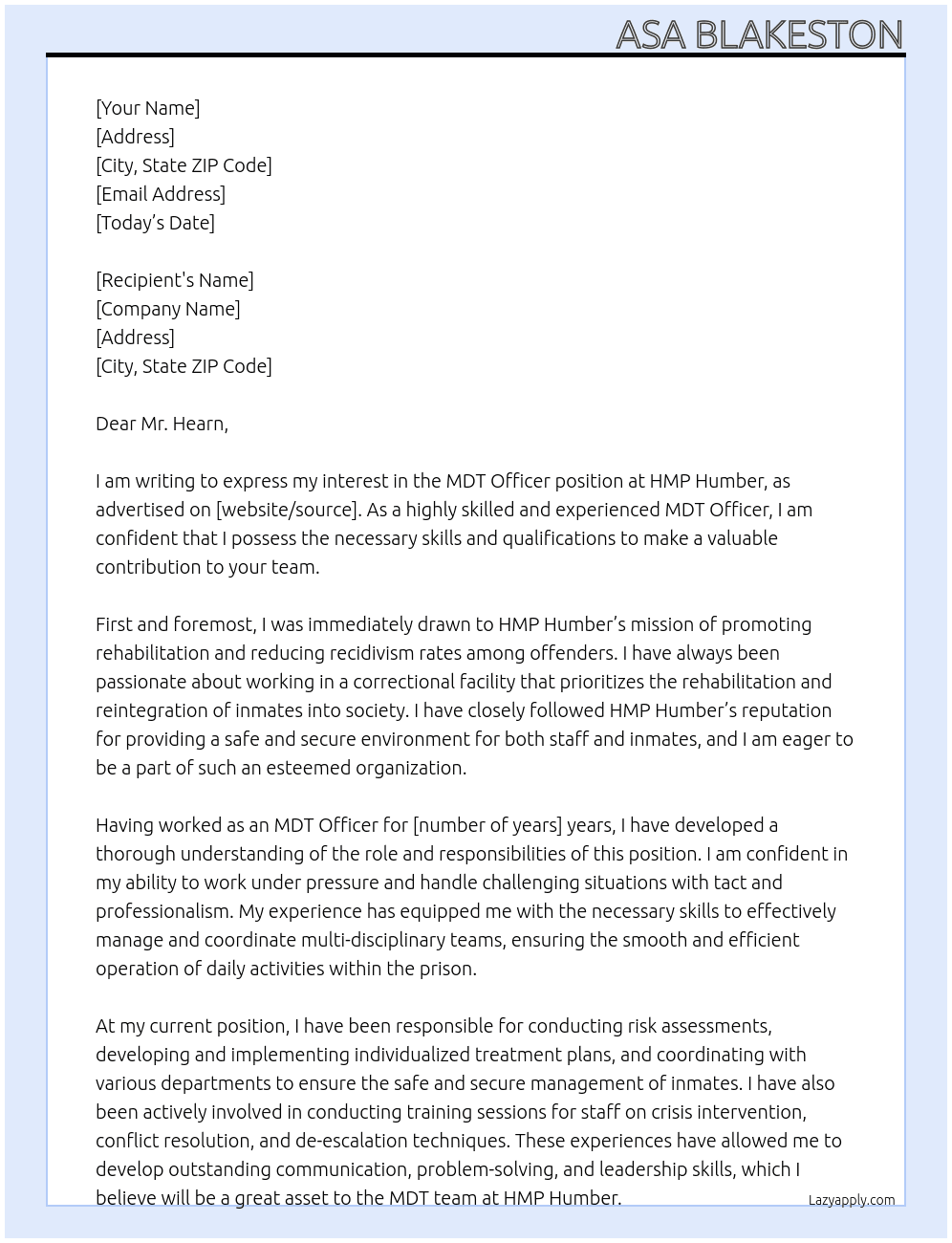 Cover letter for mdt officer - LazyApply