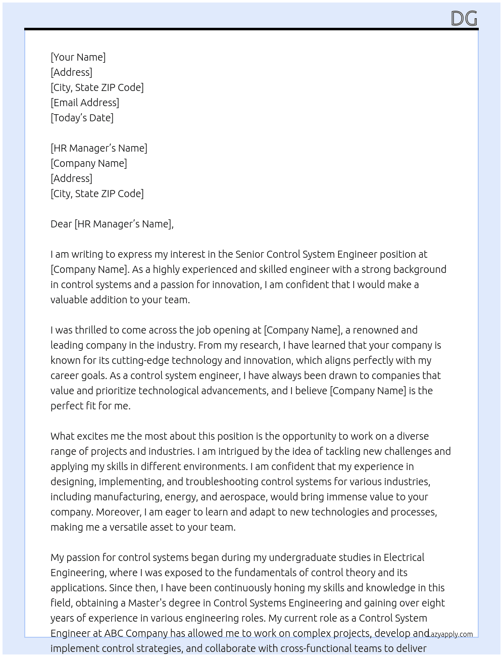 Cover letter for senior control system engineer - LazyApply