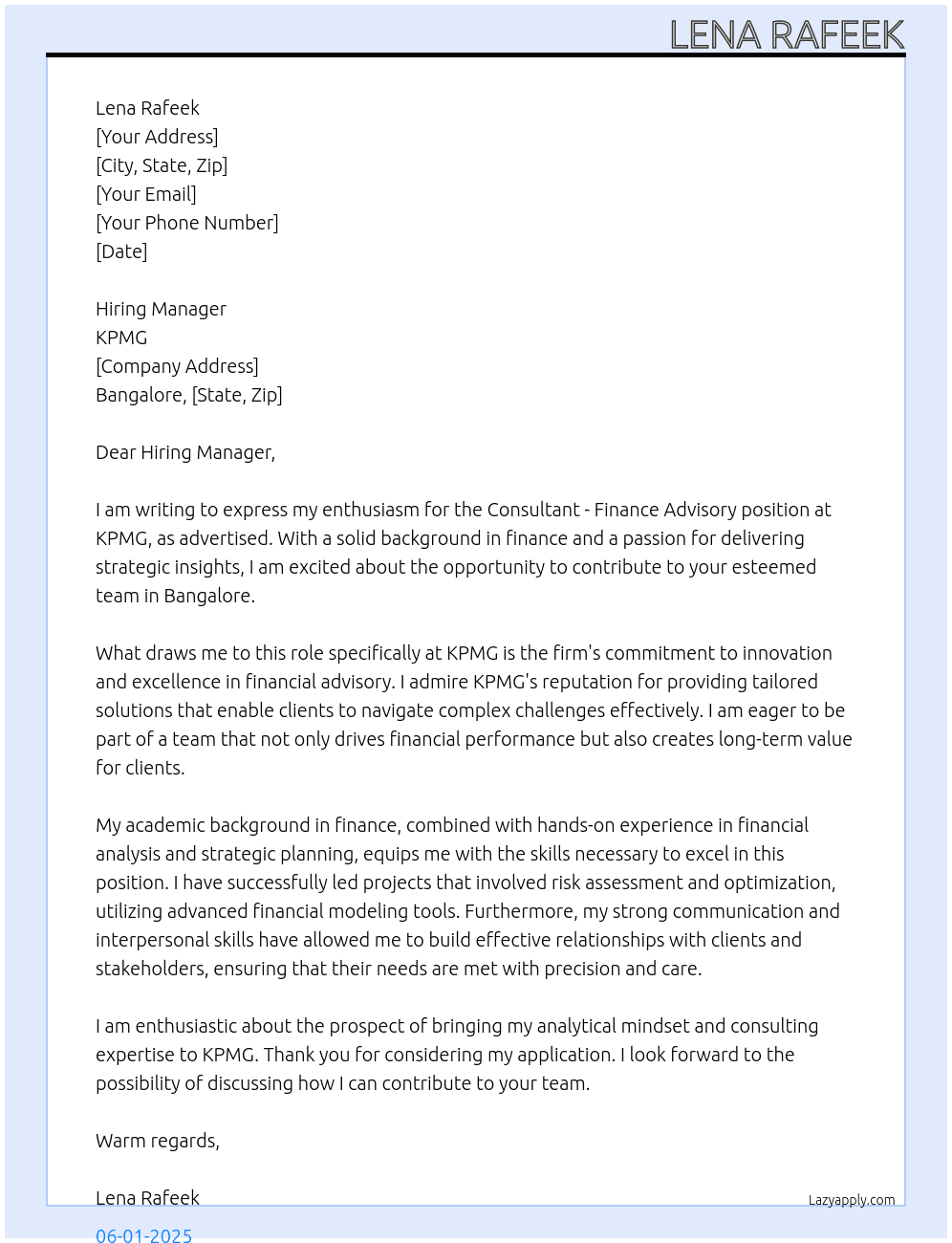 Cover letter for consultant - finance advisory - LazyApply