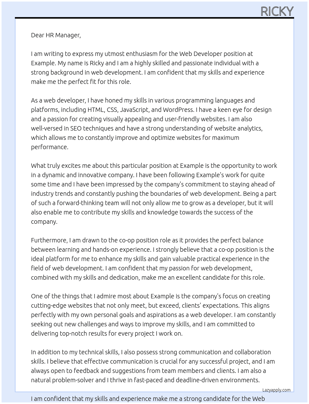 Web Developer At example Cover Letter