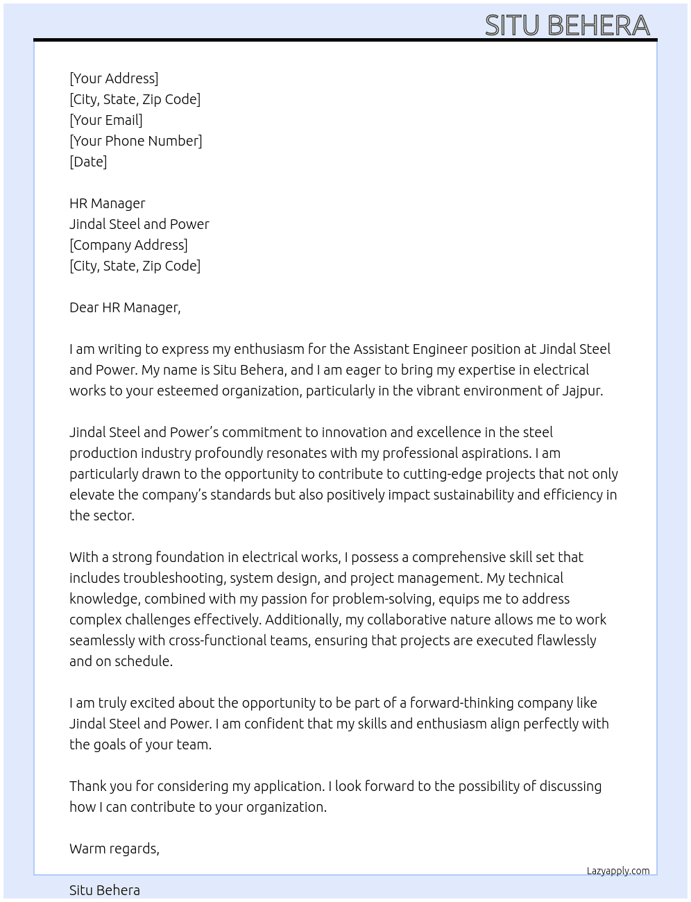 Assistant Engineer At Jindal Steel and Power Cover Letter