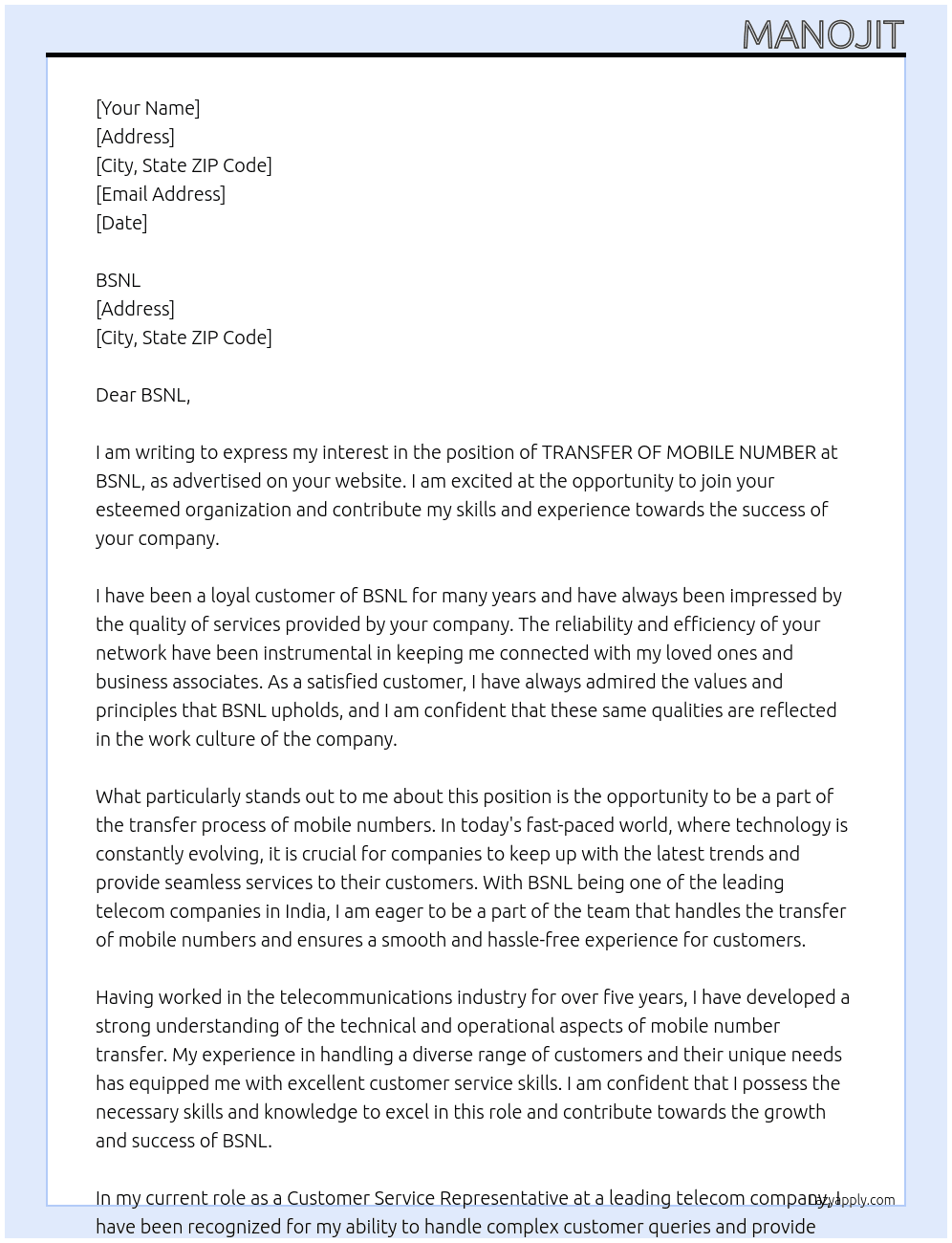 TRANSFER OF MOBILE NUMBER At bsnl Cover Letter